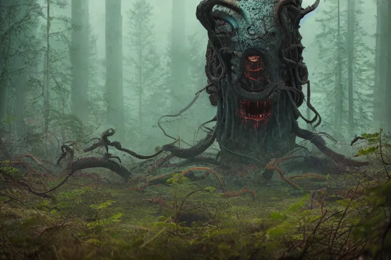 Prompt: creepy eldritch monster in a swedish forest, very low angle photograph, very detailed, trending on artstation, realistic, soft colors, simon stålenhag, lovecraft, horror