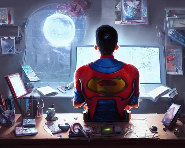 Image similar to an insanely detailed painting of a nerdy asian man wearing a superhero costume, sitting at a desk, staring at the nervously at the computer and typing, in the style of peter mohrbacher, dramatic lighting and composition, octane render, pixar, trending on artstation, concept art, comic book, view from behind