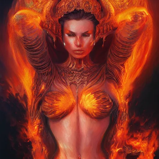 Prompt: A stunning portrait of a goddess, her body engulfed in flames, by Jim Burns, 8K UHD, intricate, fantasy, Trending on artstation.