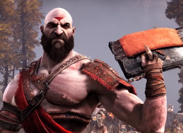 Image similar to in game screenshot of kratos holding up a laptop computer in victory from the new god of war game, 4 k