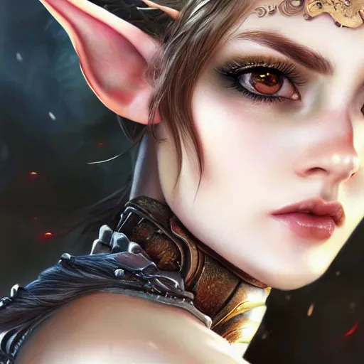 Image similar to a beautiful female photo, fantasy elf. professionally retouched, soft lighting, wearing armour, realistic, smooth face, perfect eyes, wide angle, sharp focus on eyes, 8 k high definition, insanely detailed, intricate, elegant, art by artgerm and wlop