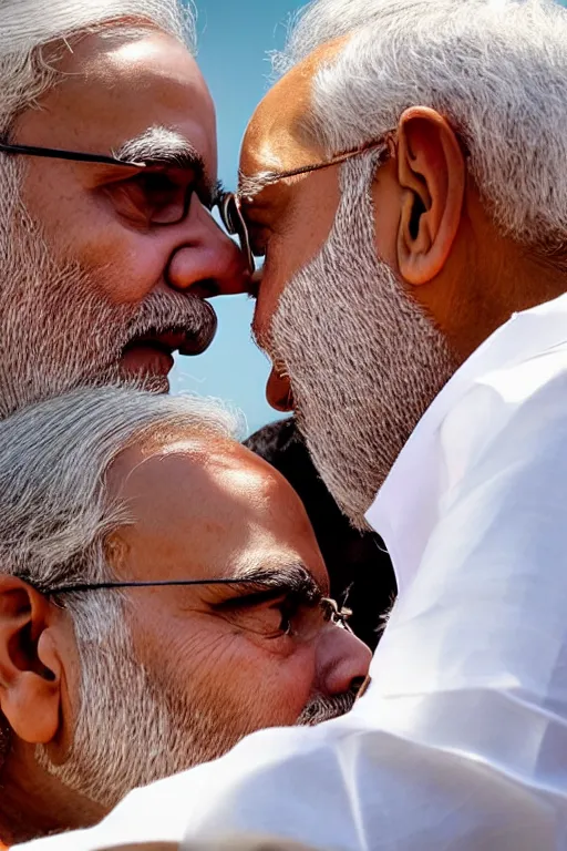 Image similar to narendra modi kissing rahul gandhi, closeup, india, detailed, photography alexey kurylev, cinematic