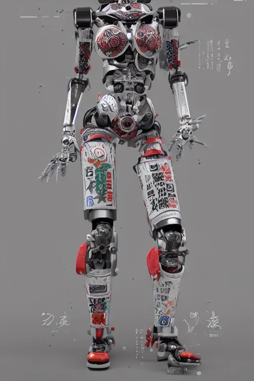 Image similar to full body portrait of a Japanese robot geisha with kanji tattoos and decals, intricate, octane render, ultra fine detailed, character design, trending on artstation