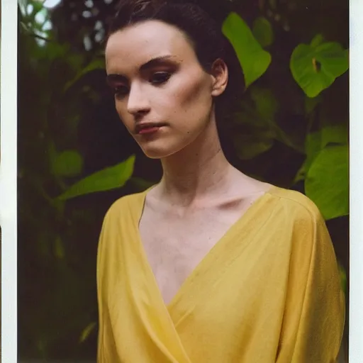 Prompt: head to shoulder portrait Polaroid film photograph of an elegant top model wearing a yellow kimono with a very detailed barn owl on her shoulder!!! in a tropical greenhouse. looking at the camera!!. super resolution. Polaroid 600 film. art by Alessio albi and john william waterhouse .