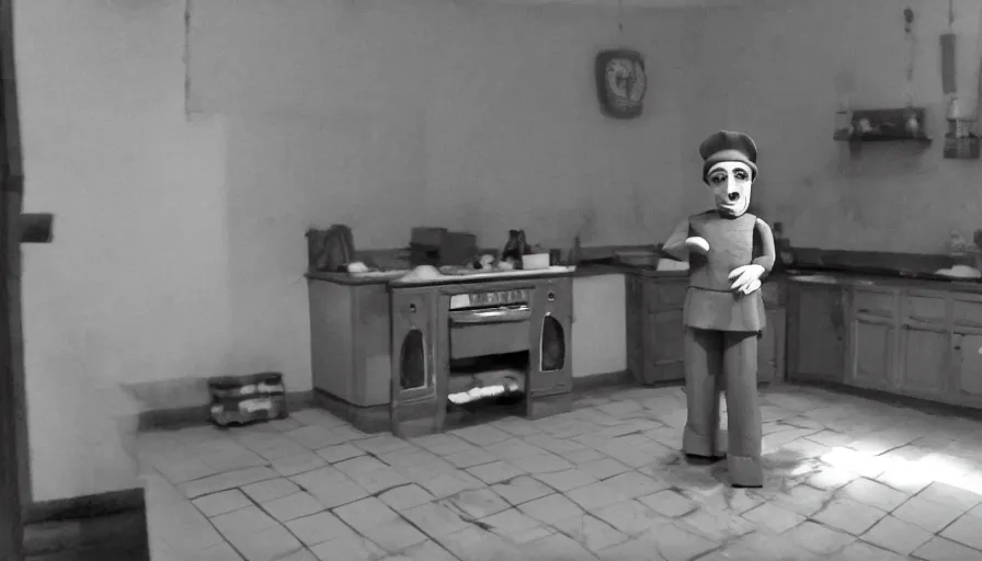 Image similar to a wax puppet in a stalinist style kitchen, mini dv camera found footage, very very low quality picture, heavy grain, caught on security camera, heavy jpeg artifact, night vision very blurry, caught on trail cam, 1 4 4 p, ultra wide lens