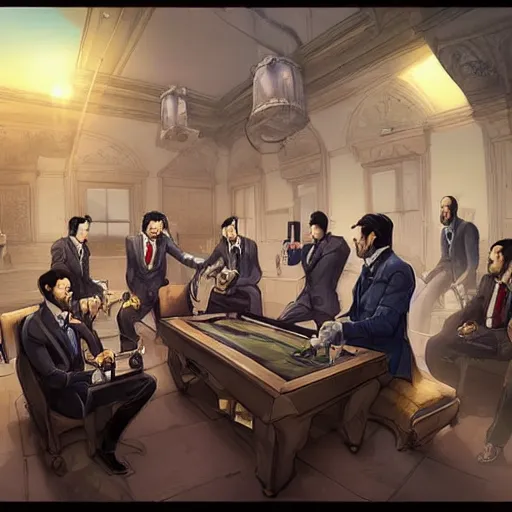 Prompt: a group of gentlemen with classy suits enjoying terraria while drinking their tea, art by artgerm and greg rutkowski, masterpiece, ultra realistic, photorealistic intricate details, concept art, highly detailed, photorealistic, dynamic lighting