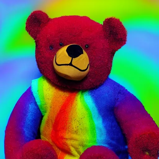 Image similar to teddy bear vomiting rainbow, photorealistic