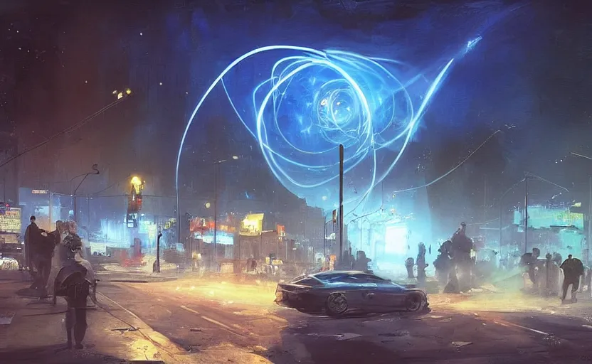 Image similar to people with posters attacking cops, a huge blue spiral - shaped white luminous attractor is floating on the horizon near the sun, stores in los angeles with light screens all over the street, concept art, art for the game, professional lighting, dark night lighting from streetlights, by ilya repin