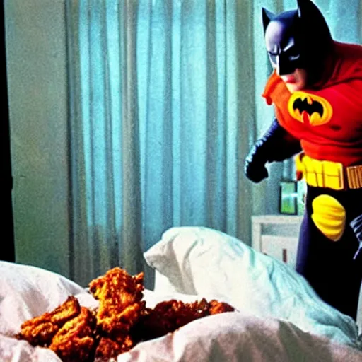 Image similar to movie still, movie frame, batman eats fried chicken in bed, lit only by the glow of the television set