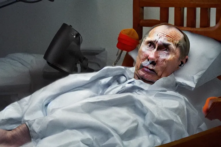 Prompt: hyperrealistic oil painting of very ill Vladimir Putin as a patient wearing an oxygen mask on a death bed inhaling from Copium tank that stand near his bed, detailed face, artstation, matte painting, highly detailed, intricate, concept art, dramatic cinematic lighting, octane render, 8k, unreal engine