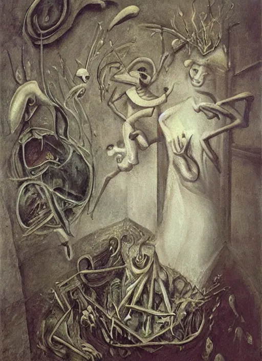 Image similar to oil painting highly detailed surreal ghosts with no faces, remedios varo