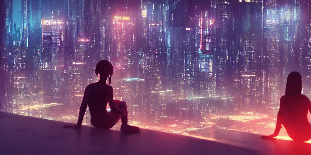 Prompt: a cinematic frame of a girl, sitting alone on the edge of a skyscraper, looking at the cyberpunk city skyline at night, lit by bright neon futuristic lights, hyperdetailed, 8 k, artstation, matte painting