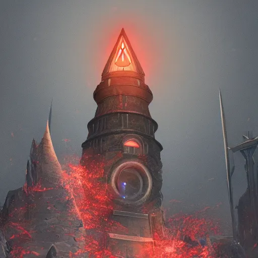 Prompt: high round tower with a huge red eye of sauron floating at the top, artstation award winner, octane render, highly detailed, sharp, realistic