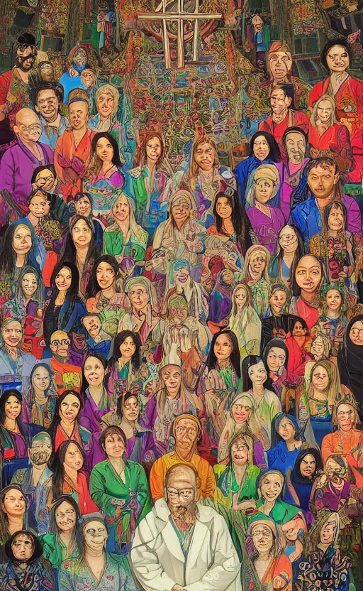 Image similar to a stimulating and psychedelic detailed intricate portrait of nurses and doctors on onlyfans at chernobyl in a church of bad vibes, by sixmorevodka studio. tibetan paintings. trending on artstation.