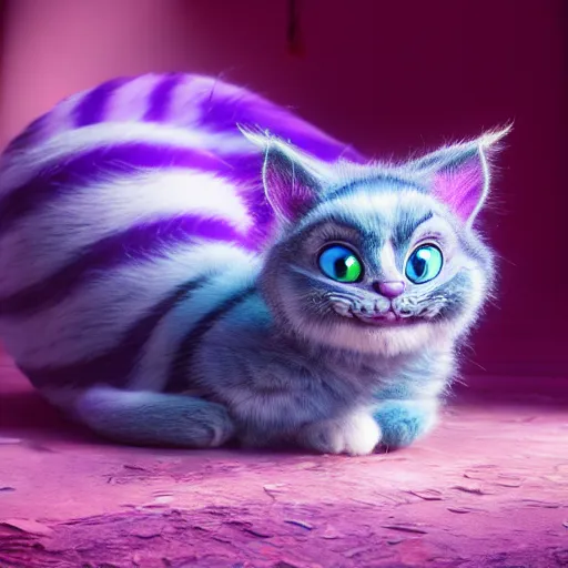 Image similar to full body pose, hyperrealistic photograph of the cheshire cat as a cute kitten, dim volumetric lighting, 8 k, octane beautifully detailed render, extremely hyper detailed, intricate, epic composition, cinematic lighting, masterpiece, trending on artstation, very very detailed, stunning, hdr, smooth, sharp focus, high resolution, award, winning photo, dslr, 5 0 mm