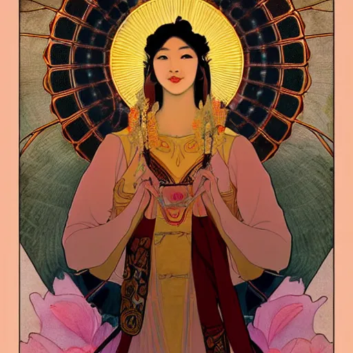 Image similar to a portrait of a very beautiful Asian goddess with halo behind her head, in the style of WLOP and Alphonse Mucha and Ross Tran, facing the camera, dramatic lighting