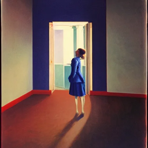 Image similar to close - up of an ivory young gir in a blue and red haunted liminal abandoned room, film still by edward hopper, by gottfried helnwein, by klimt, art noveau, highly detailed, strong lights, liminal, eerie, bright pastel colors,