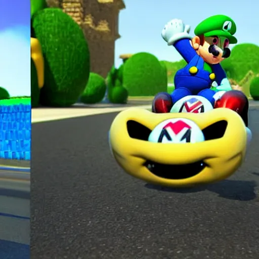 Image similar to mario kart in real life uncanny valley incredible photography photorealistic hyperrealism realistical lifelike