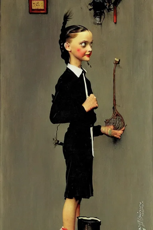 Prompt: wednesday addams from the addams family painted by norman rockwell