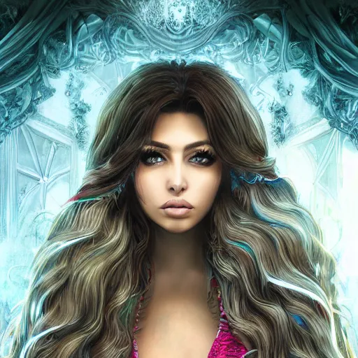 Image similar to portait nawal al zoghbi sensual, centred, very long hair, hd, hyperdetailed illustration by irakli nadar, intricate linework, bright colors, octopath traveler, final fantasy, unreal engine 5 highly rendered, global illumination, radiant light