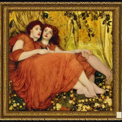 Prompt: preraphaelite portrait photography masterpiece hybrid of judy garland and florence welch, reclining, william holman hunt, ford madox brown, brown hair fringe, yellow ochre ornate medieval dress, william morris, framed 4 k