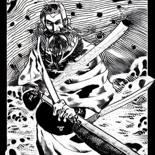 Image similar to black and white pen and ink!!!! rugged royal! nordic goetic Raiden x Frank Zappa golden!!!! Vagabond!!!! floating magic swordsman!!!! glides through a beautiful!!!!!!! black hole battlefield dramatic esoteric!!!!!! pen and ink!!!!! illustrated in high detail!!!!!!!! by Junji Ito and Hiroya Oku!!!!!!!!! graphic novel published on 2049 award winning!!!! full body portrait!!!!! action exposition manga panel black and white Shonen Jump issue by David Lynch eraserhead and Frank Miller beautiful line art Hirohiko Araki