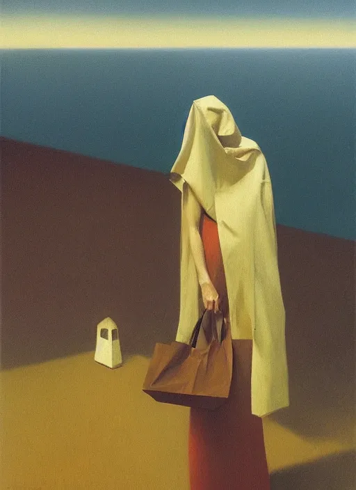 Image similar to woman with a paper bag over the head and a sward Edward Hopper and James Gilleard, Zdzislaw Beksinski, Steven Outram highly detailed