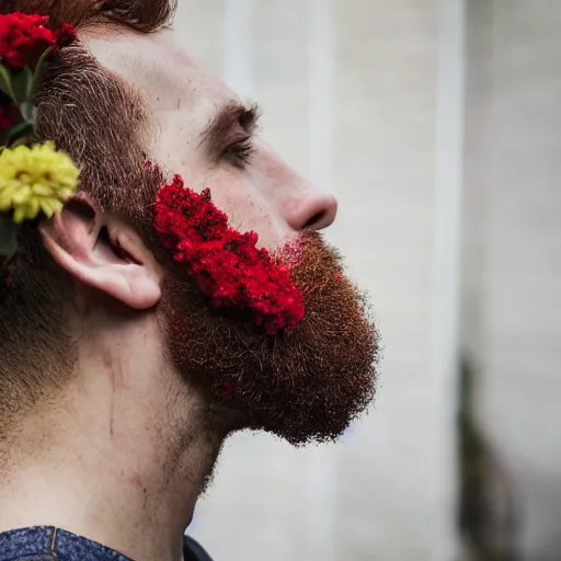 Image similar to “a man's face in profile, short beard, curly red hair, made of flowers, in the style of the Dutch masters, dark and moody XF IQ4, f/1.4, ISO 200, 1/160s, 8K, RAW, unedited, symmetrical balance, in-frame”