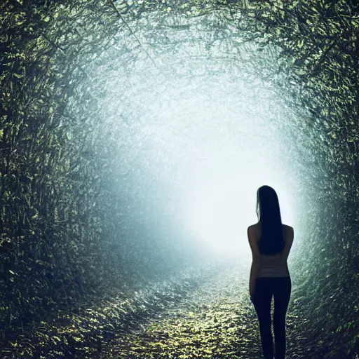 Prompt: tunnel of leaves, moody atmosphere, late summer, hazy, glowing lights, spiral, lost woman, dreamy