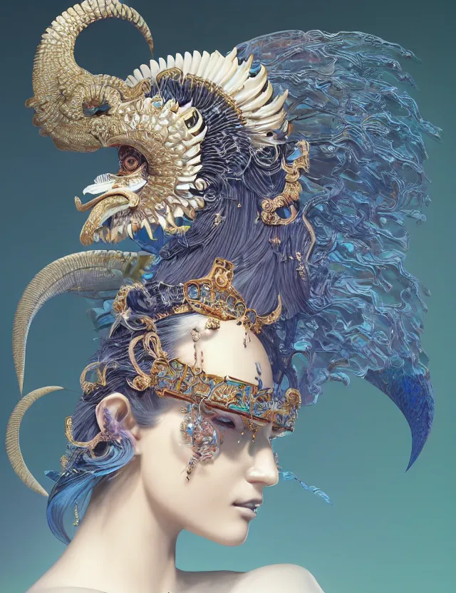 Prompt: 3 d goddess close - up profile portrait with crown, ram skull. beautiful intricately detailed japanese crow kitsune mask and clasical japanese kimono. betta fish, jellyfish phoenix, bio - luminescent, plasma, ice, water, wind, creature, artwork by tooth wu and wlop and beeple and greg rutkowski