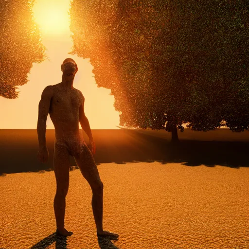 Image similar to sun man!!, detailed, 8 k, hd, sharp focus, octane render, volumetric light