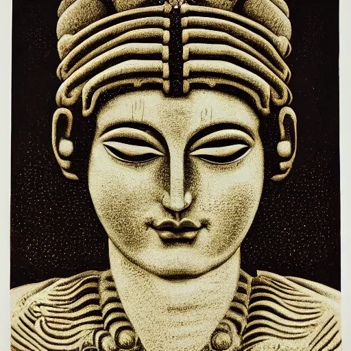 Image similar to portrait of an ancient deity, in the style of herbert bayer