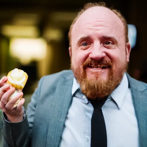 Image similar to louis c k eating a cinnabon, xf iq 4, f / 1. 4, iso 2 0 0, 1 / 1 6 0 s, 8 k, raw, unedited, symmetrical balance, in - frame, sharpened