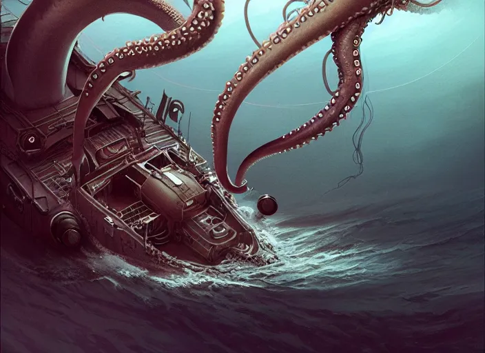 Prompt: highly detailed illustration giant squid wrapping its tentacles around a submarine, artstation, cinematic lighting, hyperdetailed, cgsociety, 8k, high resolution, Charlie Bowater, Tom Bagshaw, Norman Rockwell, insanely detailed and intricate