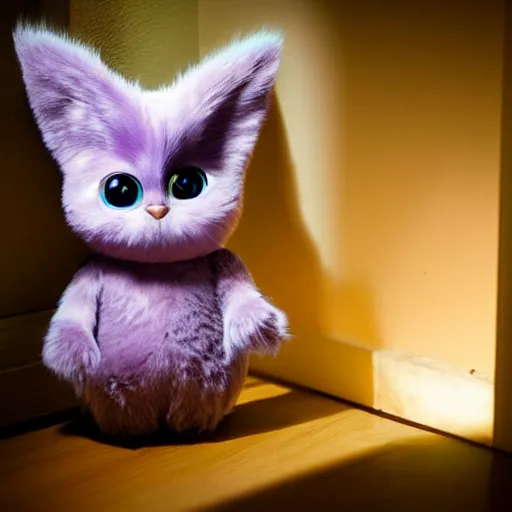 Image similar to Found footage of a dimly lit bedroom with a single furby sitting in the center of the room, staring at the viewer in the doorframe