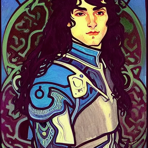 Prompt: painting of young handsome beautiful paladin elf!! man with long wavy dark hair in his 2 0 s named shadow taehyung at the blueberry party, wearing armor!, elegant, clear, painting, stylized, delicate, soft facial features, art, art by alphonse mucha, vincent van gogh, egon schiele,