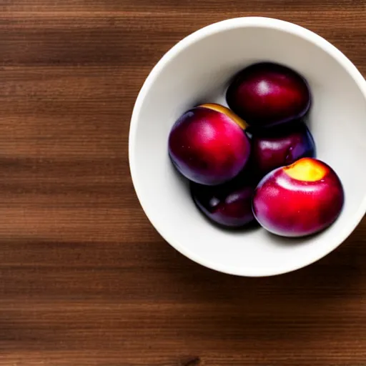 Image similar to photo of a thick porcelain bowl filled with a few moist freshly picked plums on a wooden table. volumetric lighting. 4 k. small scale. realistic. top down.