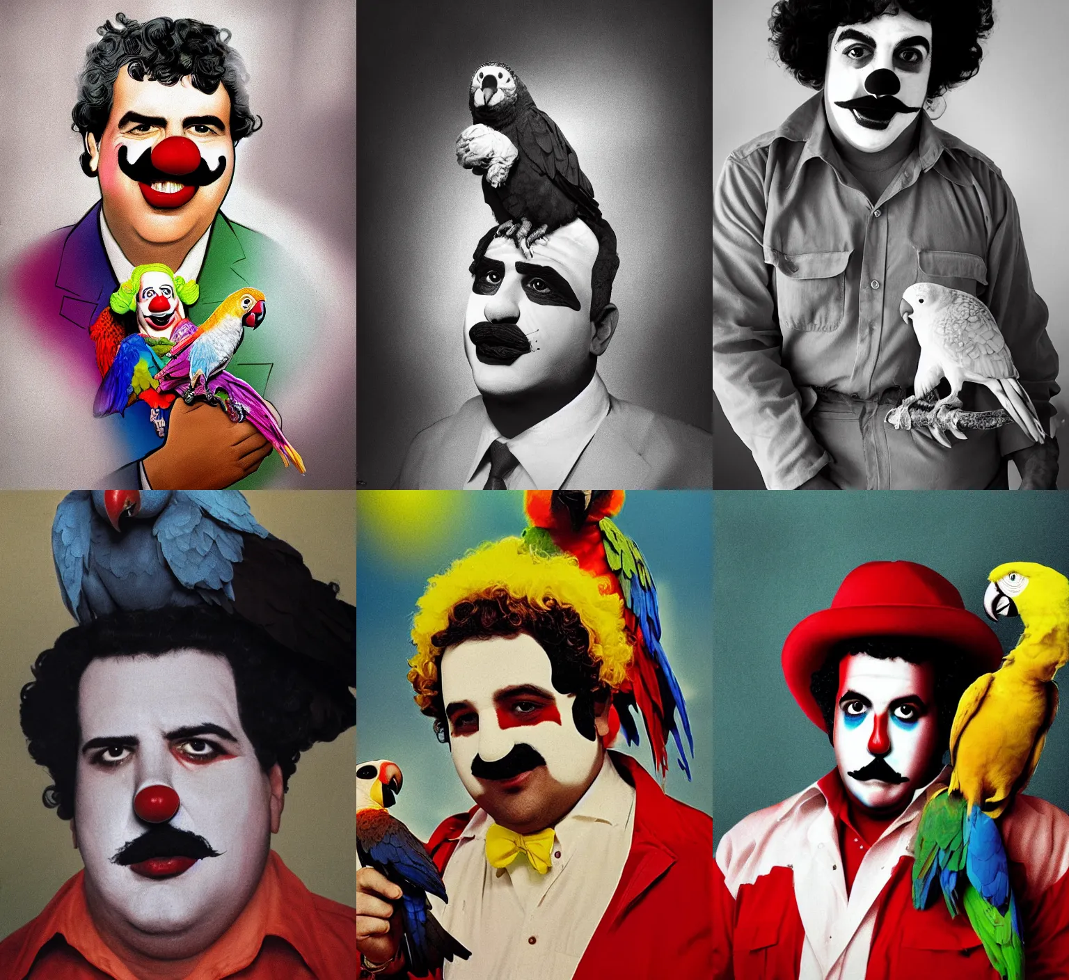 Prompt: Portrait of Pablo Escobar as a clown with a parrot on his shoulder by John Kricfalusi, epic composition, Volumetric light