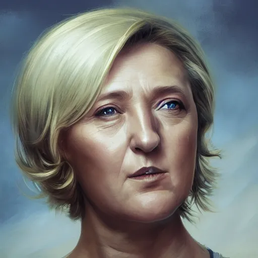 Image similar to Portrait of Marine le Pen , french revolution, heroic, amazing splashscreen artwork, splash art, head slightly tilted, natural light, elegant, intricate, fantasy, atmospheric lighting, cinematic, matte painting, detailed face, by Greg rutkowski