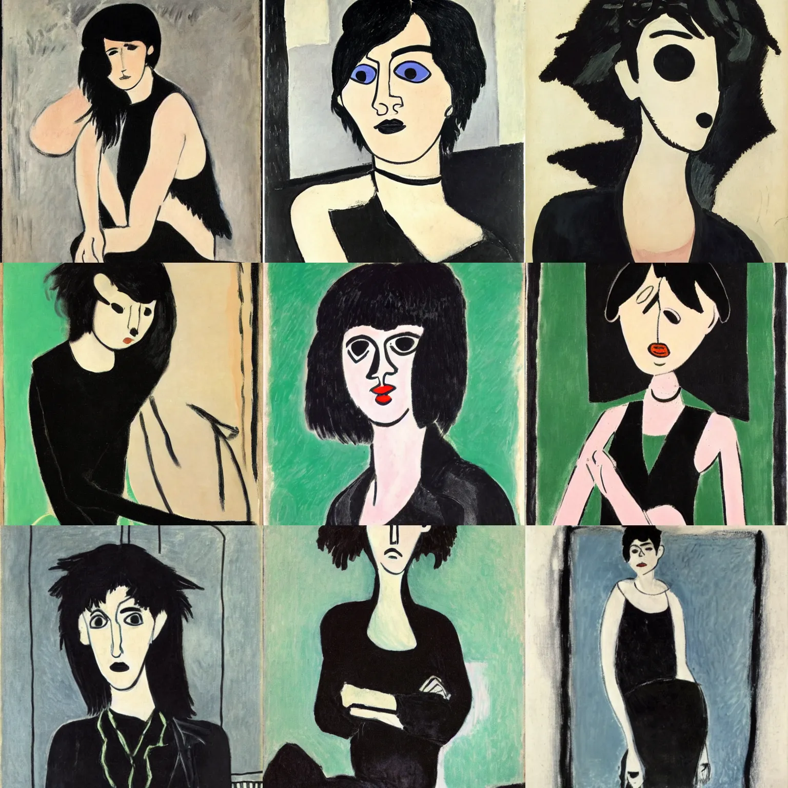 Prompt: an emo by henri matisse. her hair is dark brown and cut into a short, messy pixie cut. she has large entirely - black evil eyes. she is wearing a black tank top, a black leather jacket, a black knee - length skirt, a black choker, and black leather boots.