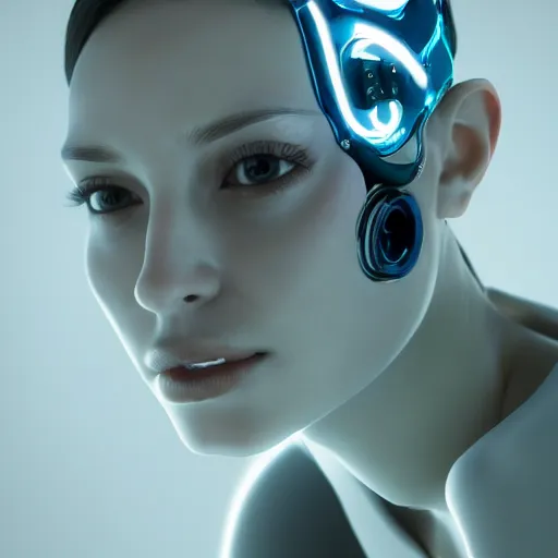 Prompt: Macro portrait of a cyborg woman's face (half human half robot), rendered in unreal engine, rendered in octane render, rendered in blender, unreal engine, octane, blender, dark studio lighting, bright, glowing aura, vividly beautiful colors, bioluminescence, bioluminescent lighting, volumetric lighting