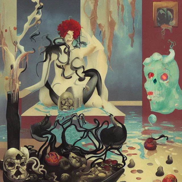 Image similar to tall female catgirl artist holding a skull in her flooded apartment, pomegranates, octopus, water gushing from ceiling, painting of flood waters inside an artist's apartment, a river flooding indoors, candles, ikebana, zen, rapids, waterfall, black swans, canoe, berries, acrylic on canvas, surrealist, by magritte and monet