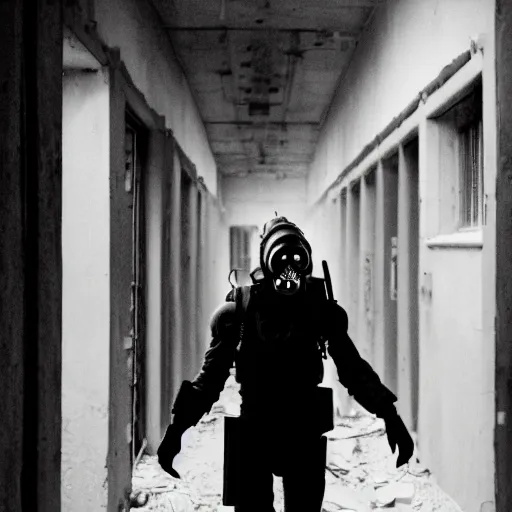 Prompt: a cyborg gasmask corporal walking through a dilapidated corridor, film still, cinematic