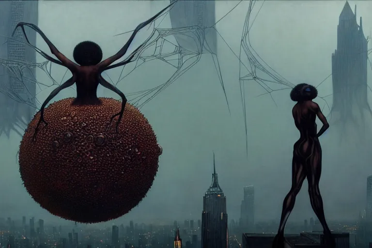 Image similar to realistic detailed portrait movie shot of a beautiful black woman riding a giant spider, dystopian city landscape background by denis villeneuve, amano, yves tanguy, alphonse mucha, max ernst, kehinde wiley, jean delville, david lynch, roger dean, cyber necklace, rich moody colours, sci fi patterns, dramatic, wide angle