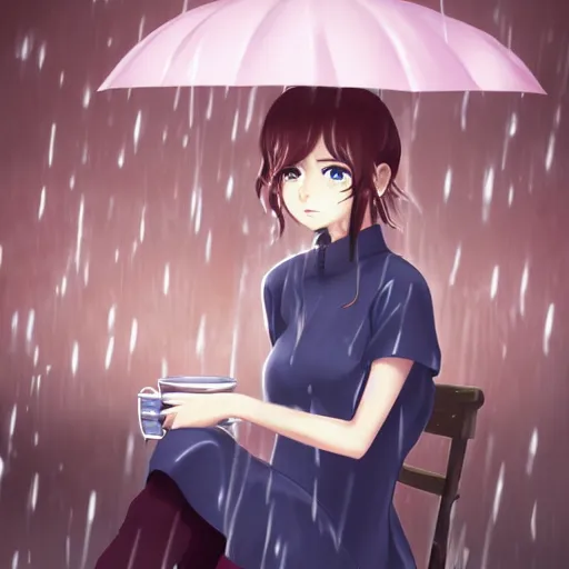 Image similar to portrait of a girl drinking cappucino during rain, anime fantasy illustration by tomoyuki yamasaki, kyoto studio, madhouse, ufotable, trending on artstation