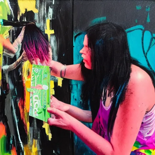 Image similar to “tall queer woman with long pink hair and a tall emo girl feeding Australian $50 notes to a weedy pig, capitalism, acrylic and spray paint and oilstick on canvas, neoexpressionism”