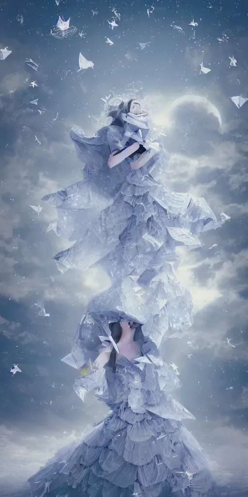 Image similar to background is a stary night sky, castle made of clouds, looking up towards an anthropomorphic space woman wearing a flowing paper couture dress with puffy leggings, paper stars, many origami birds, eery light, 3D, very detailed, octane render, trending ArtStation, artgem