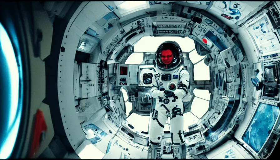 Prompt: cyborg in spacestation, movie still, analog film, anamorphic lens