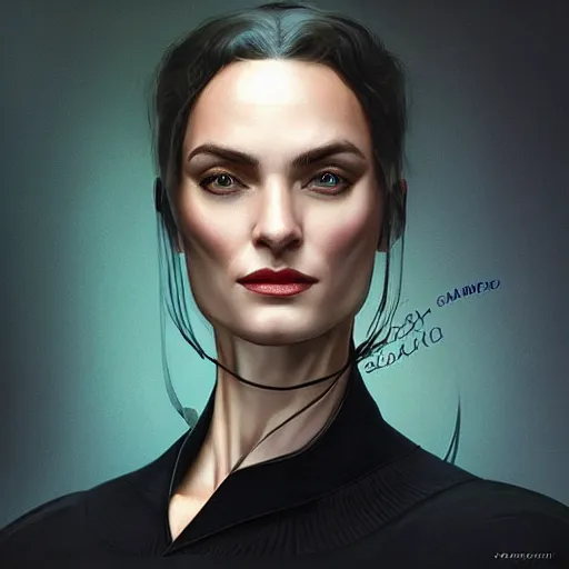 Image similar to “ daria strokous as evil james bond villain smiling, intricate, elegant, highly detailed, digital painting, artstation, concept art, smooth, sharp focus uhd 8 k, art by artgerm and greg rutkowski and alphonse mucha ”