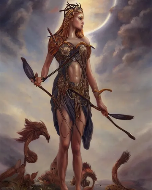 Prompt: A detailed painting of a full length portrait of Artemis, the Greek Goddess of the hunt, nature and birth. By Anne Stokes and Steve Argyle and Daniela Uhlig and Tom Bagshaw. Trending on Artstation, digital character painting.